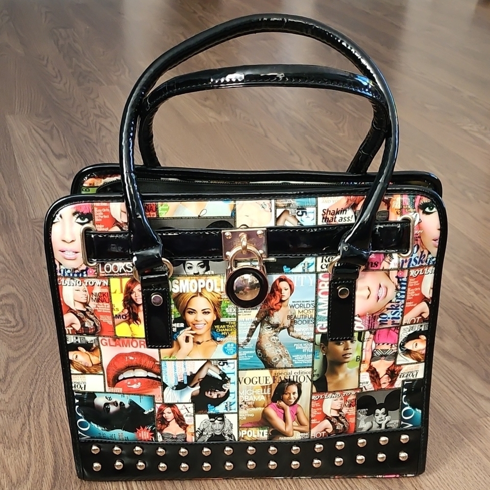 Magazine Print Handbag with Studded Detail